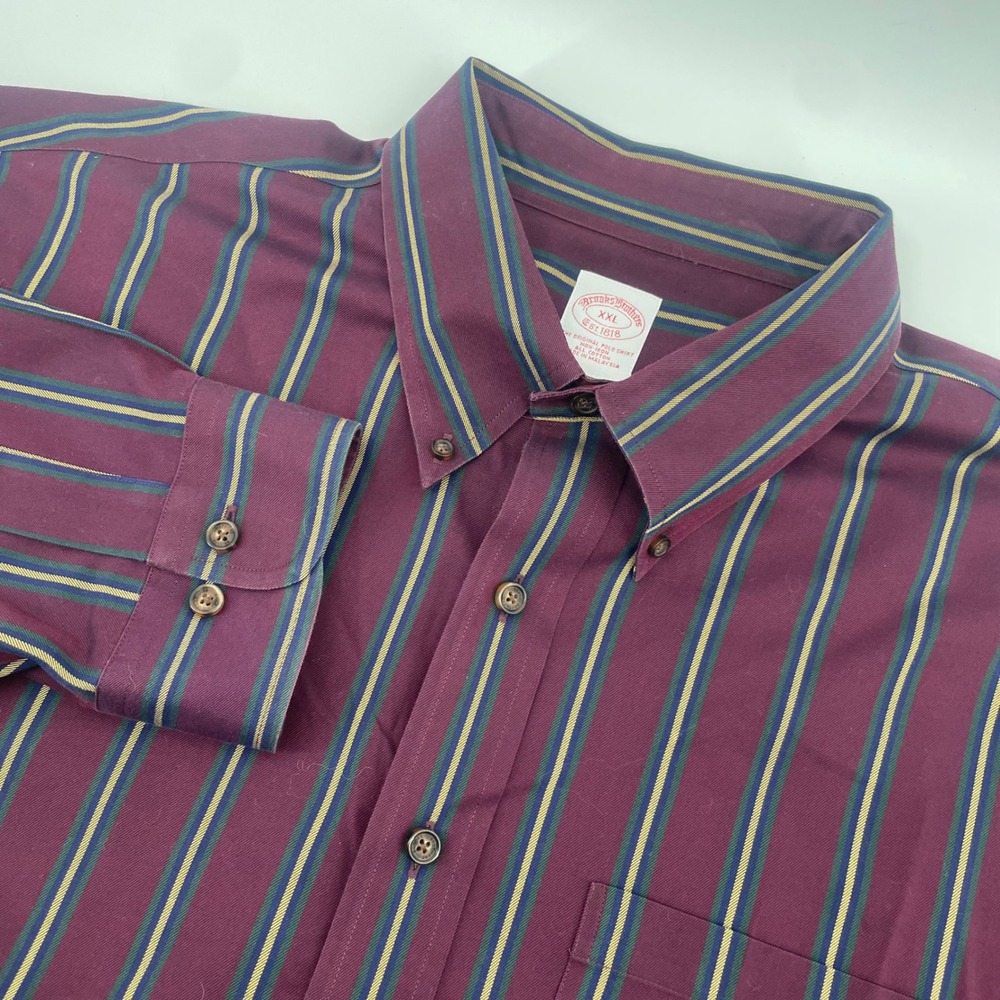 Brooks Brothers Button Down Shirt Mens XXL Burgundy Striped Non-Iron Cotton Polo